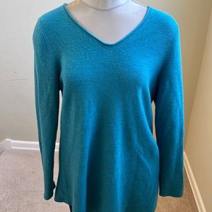 Eileen Fisher Women Blue 100% Merino Wool V neck Pullover Sweater Size LARGE